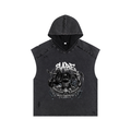Black sleeveless hoodie with graphic design and text on a white background