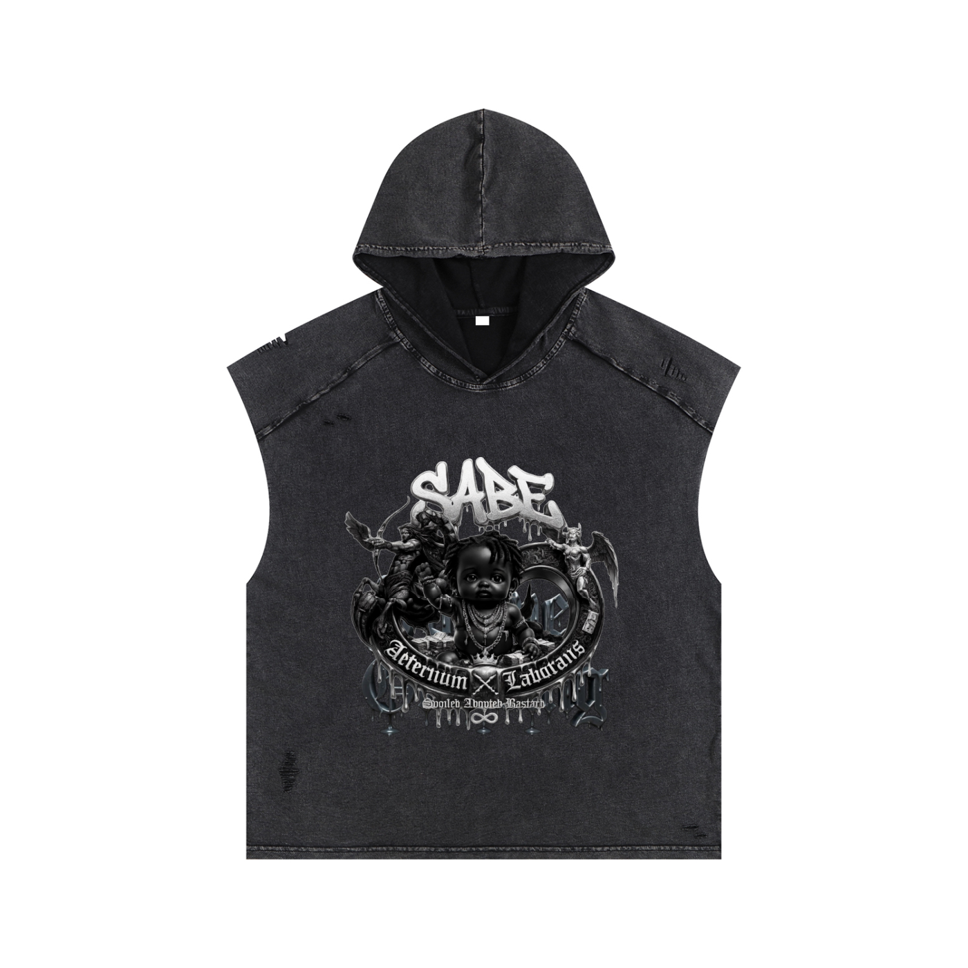 Black sleeveless hoodie with graphic design and text on a white background