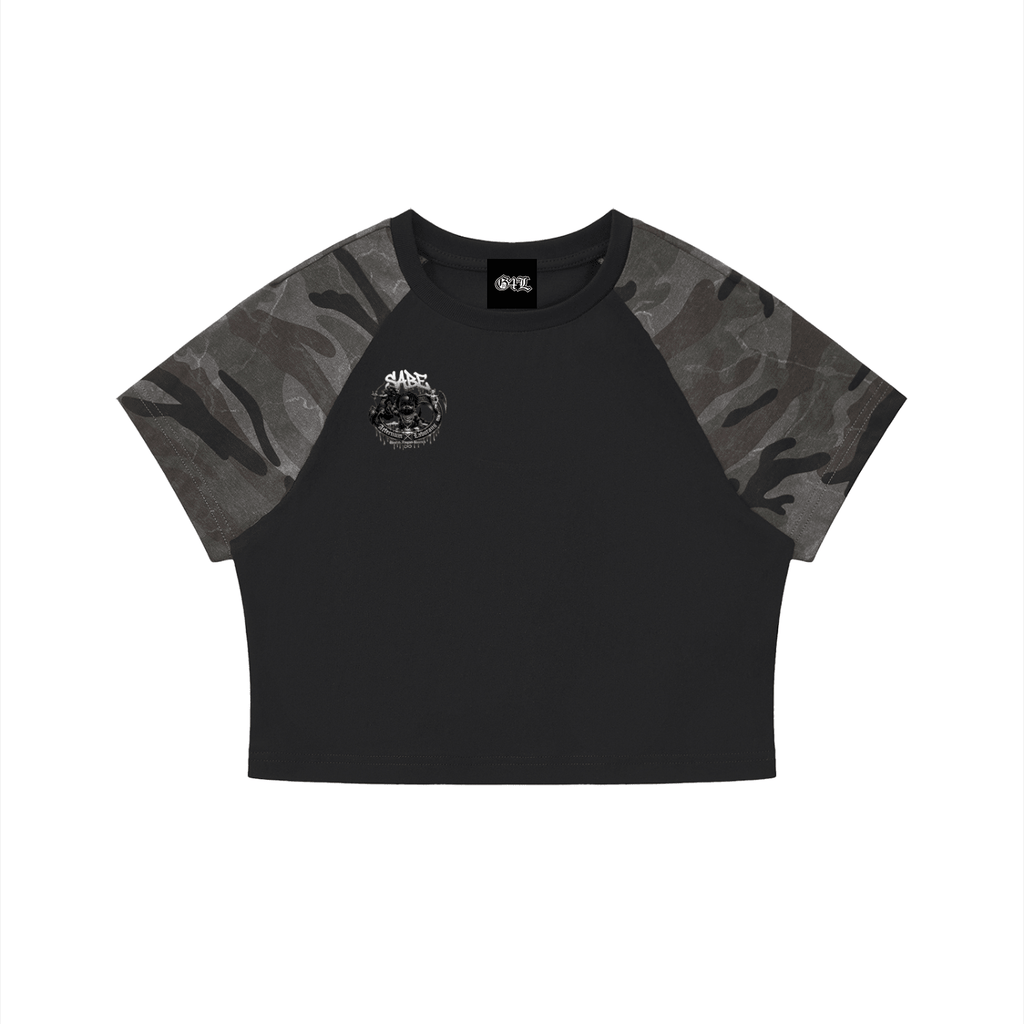 Black t-shirt with camouflage sleeves on a white background