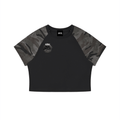 Black t-shirt with camouflage sleeves on a white background
