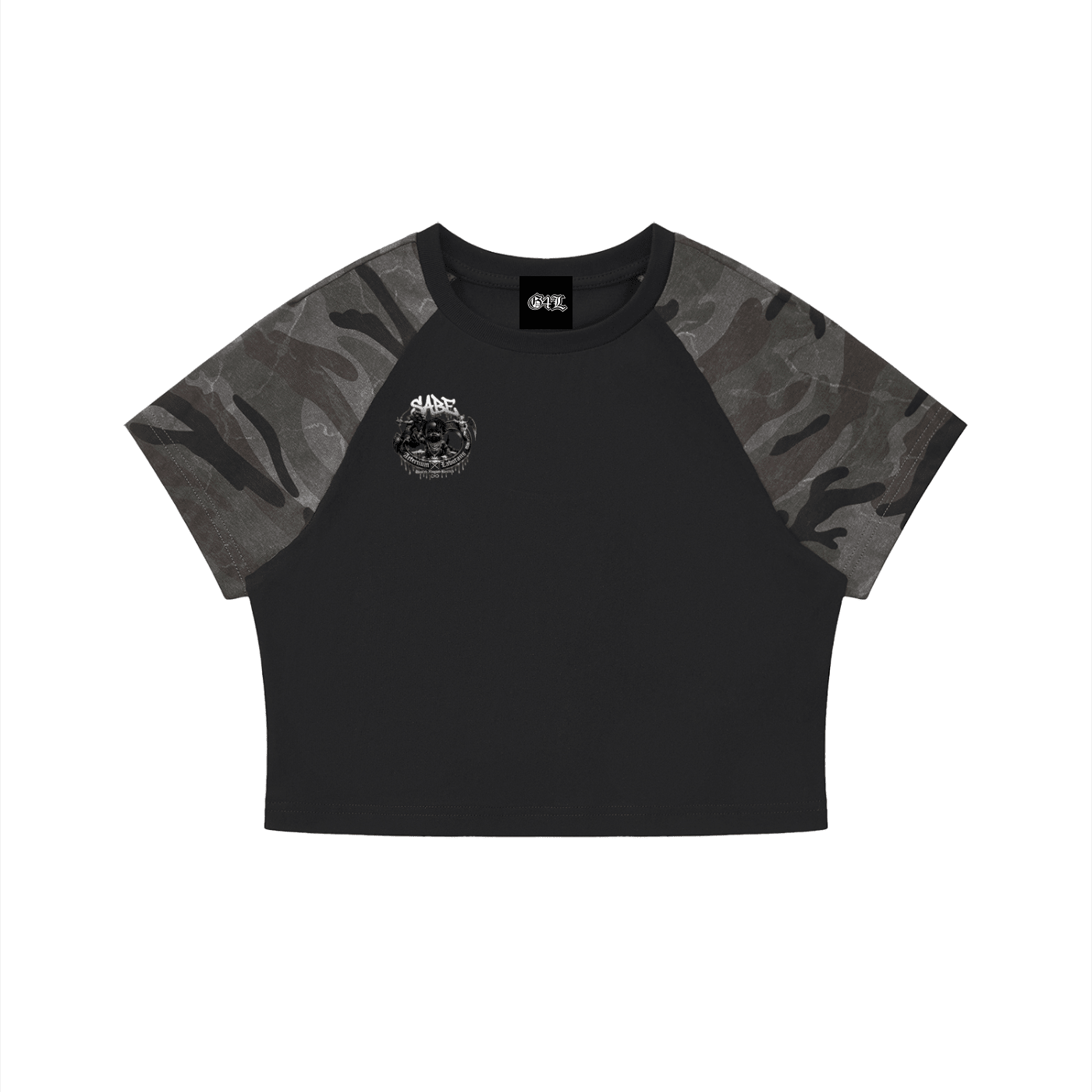Black t-shirt with camouflage sleeves on a white background