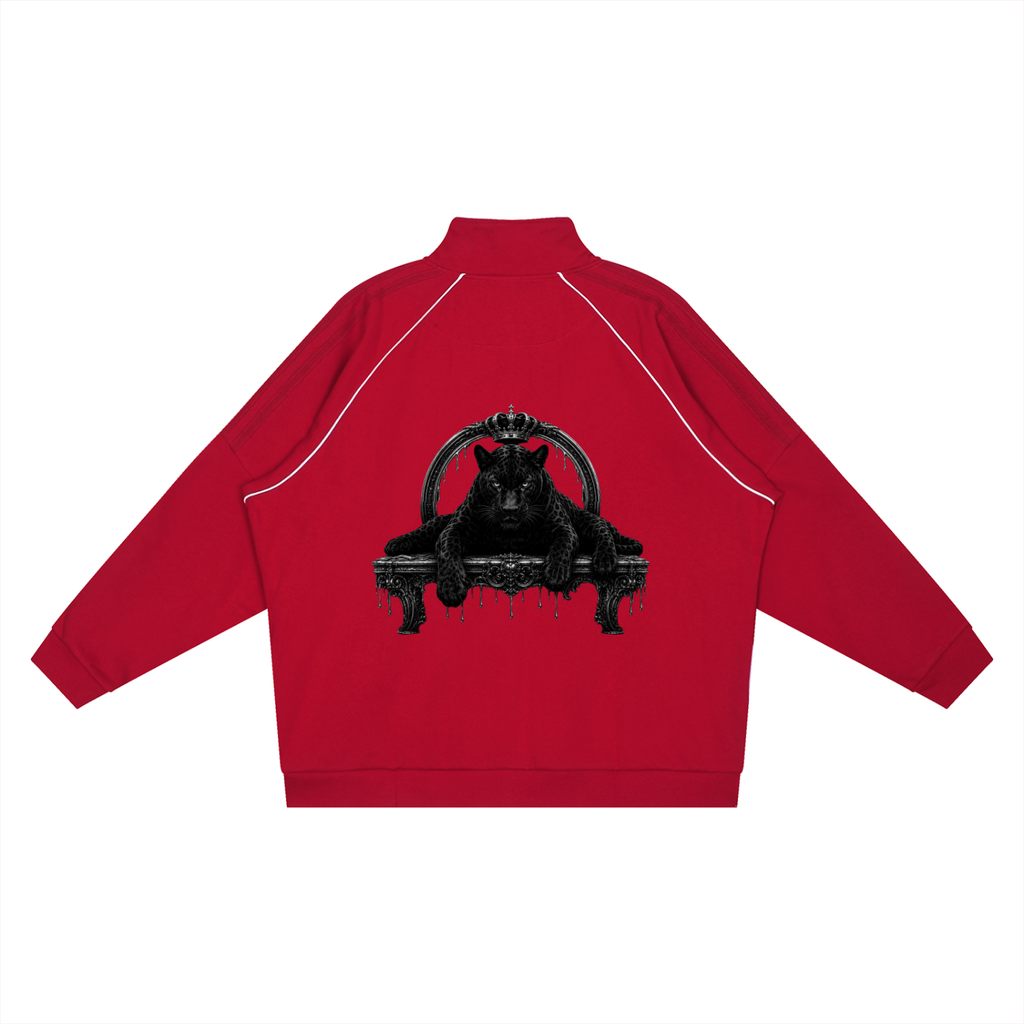 Red jacket with black graphic design on the back against a white background