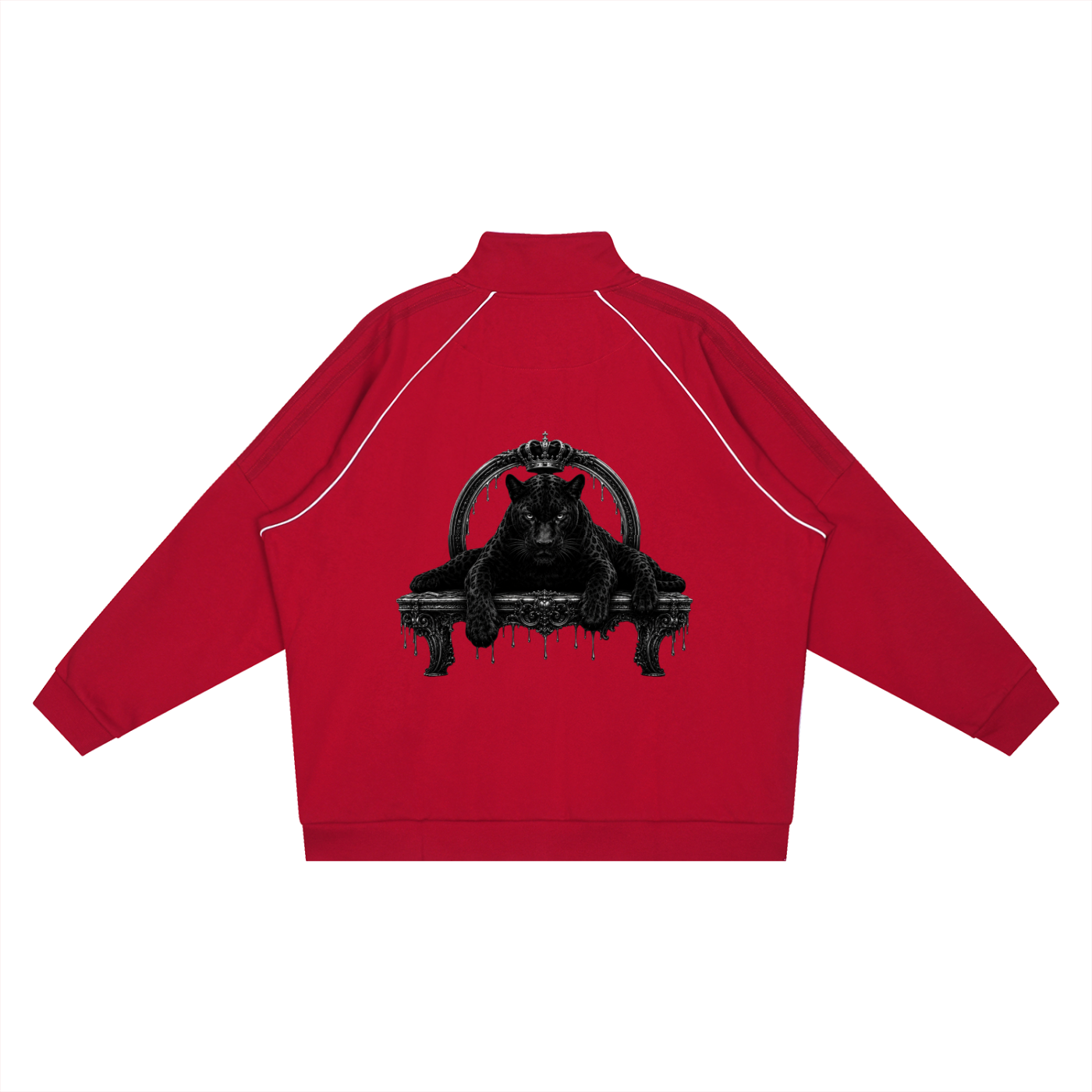 Red jacket with black graphic design on the back against a white background