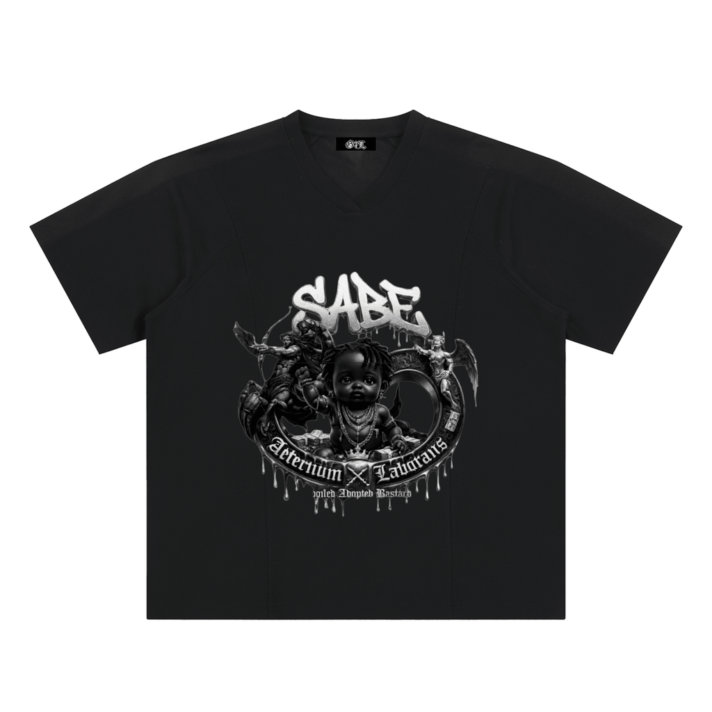Black t-shirt with white graphic design and text on a white background