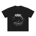 Black t-shirt with white graphic design and text on a white background