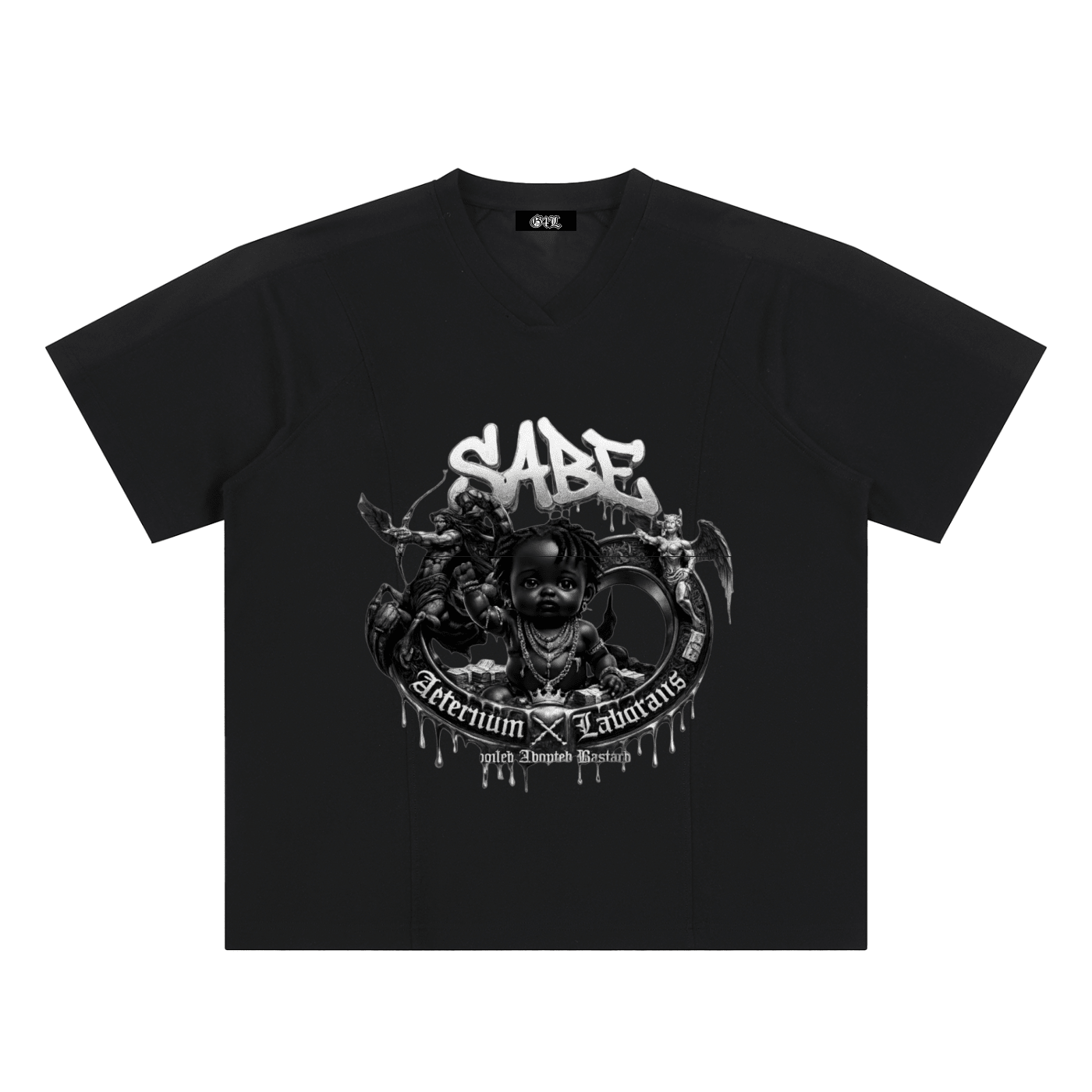 Black t-shirt with white graphic design and text on a white background