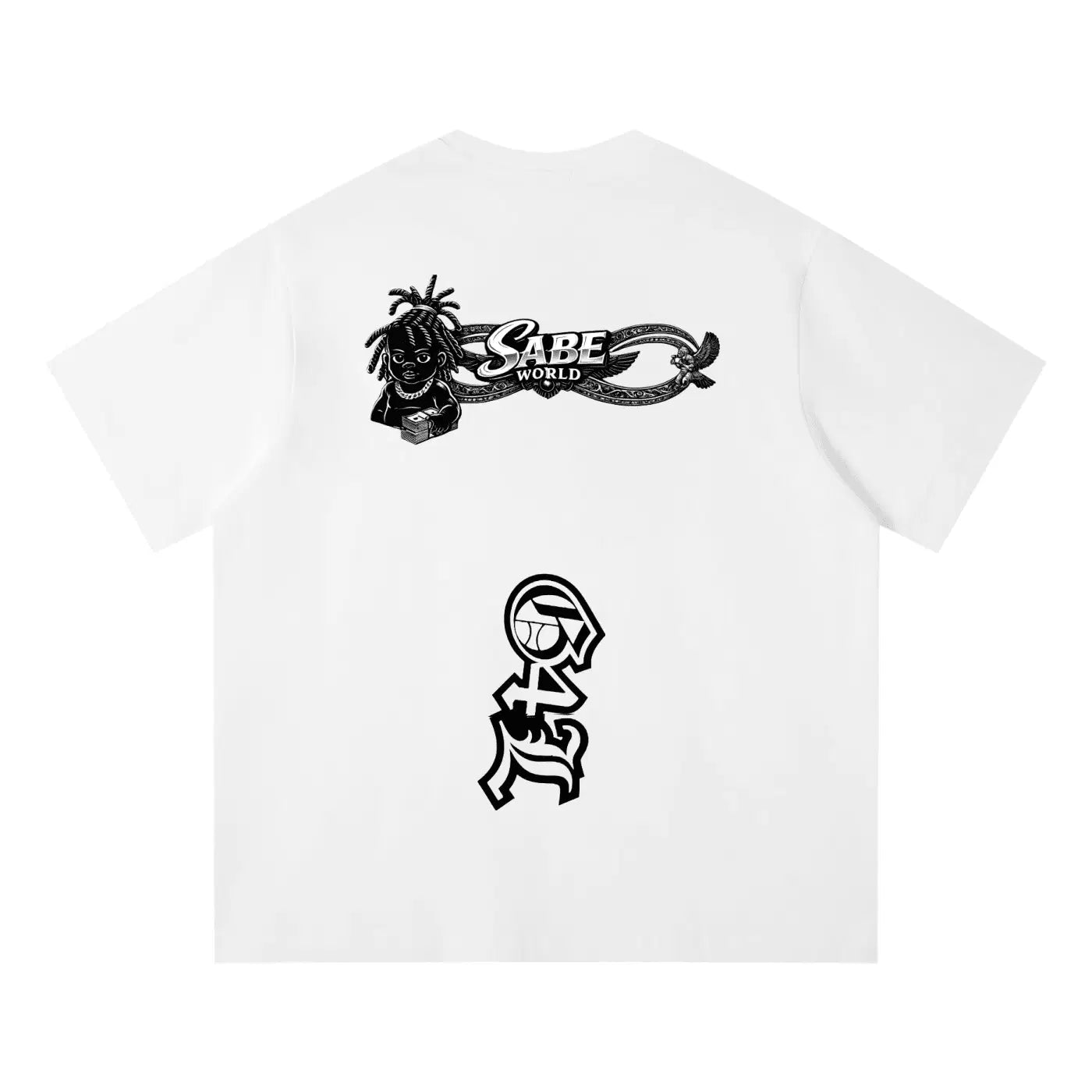 White t-shirt with black graphics and text on a white background