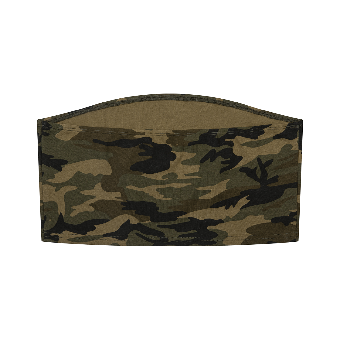 A camouflage-patterned fabric headband with an arched top, shown against a plain white background.