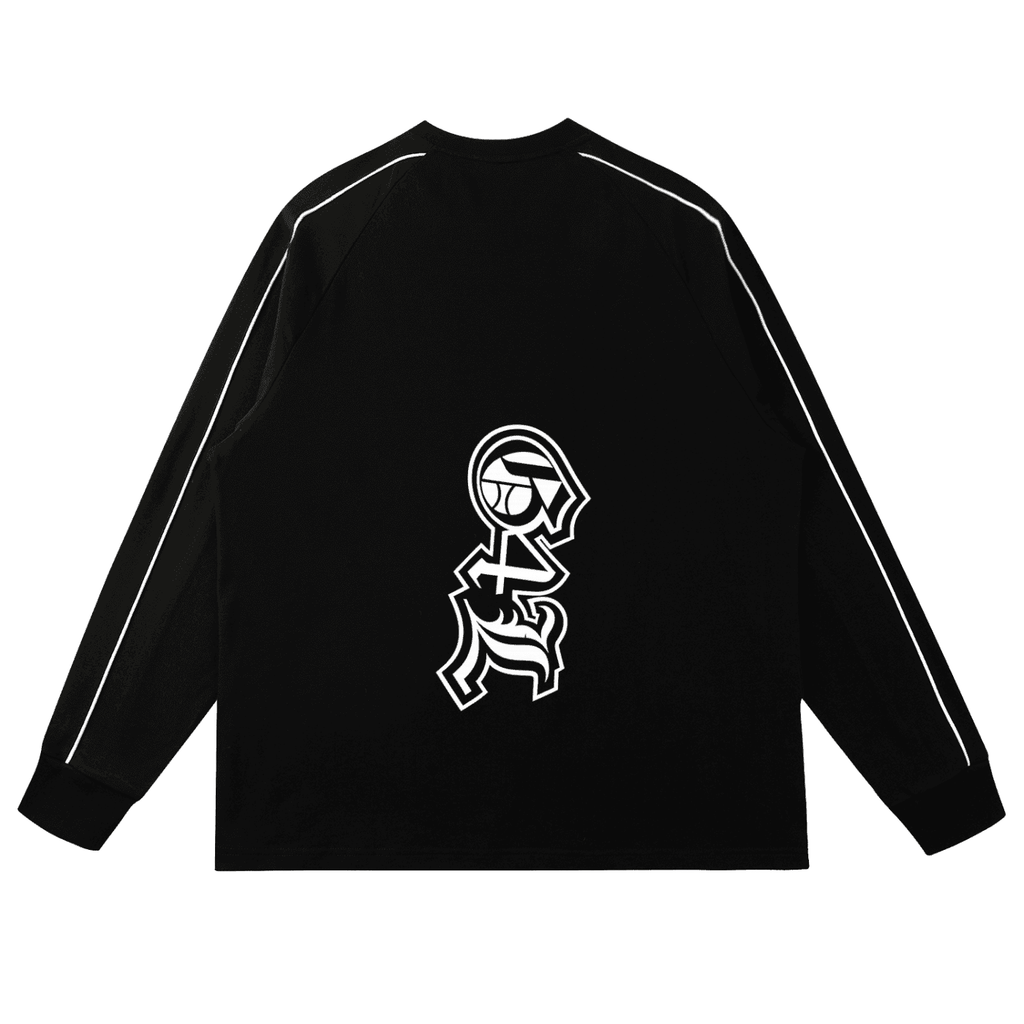 Black long-sleeve shirt with white graphic design on a white background