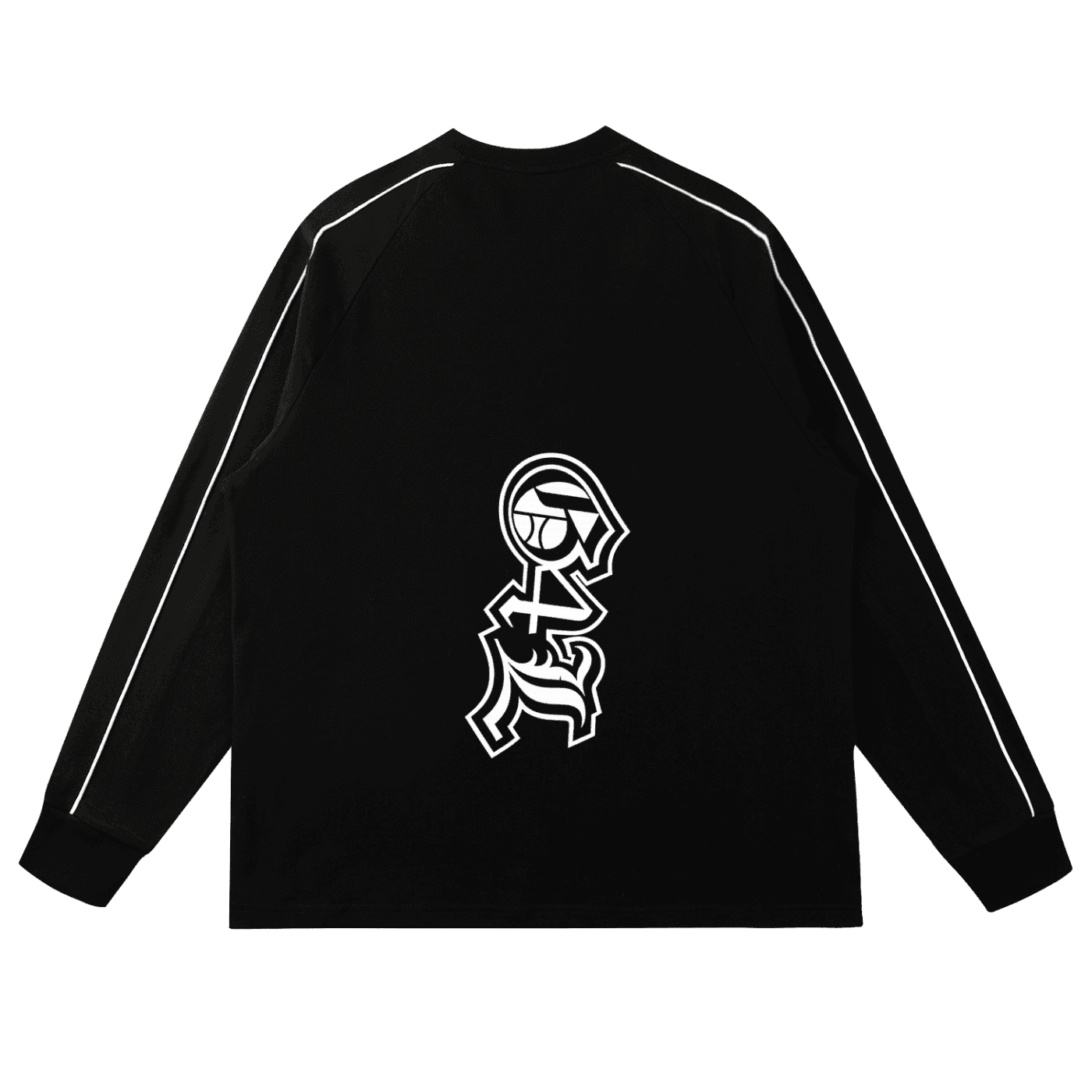Black long-sleeve shirt with white graphic design on a white background