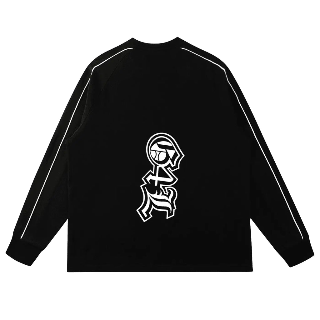 Black long-sleeve shirt with white graphic design on a white background