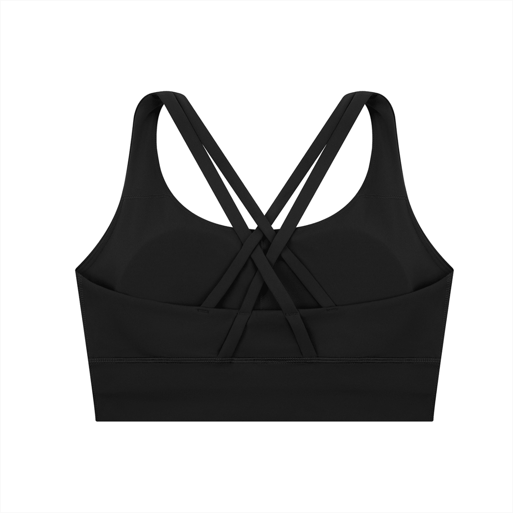 Black sports bra with criss-cross straps on a white background