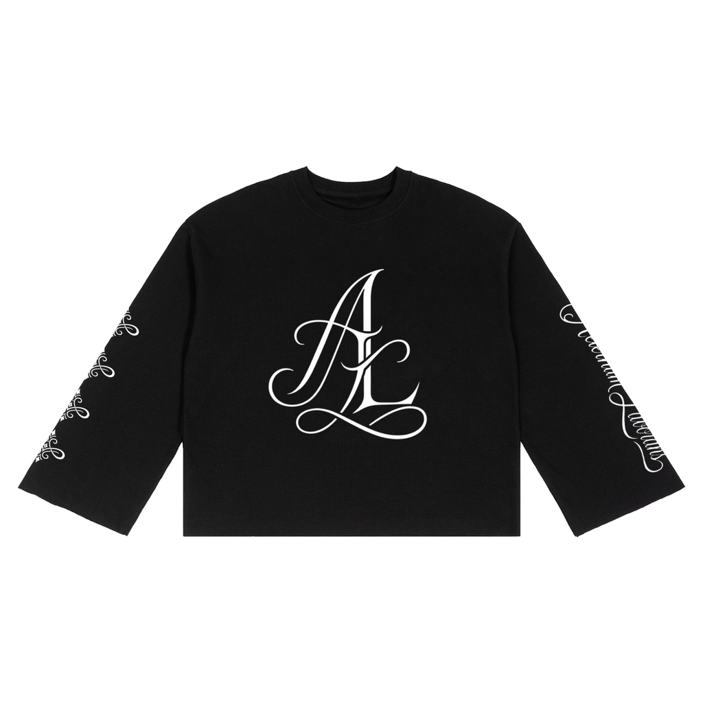 A black long-sleeve crop top sweatshirt featuring a large white cursive 'AE' monogram on the chest and white graphic prints down both sleeves, displayed flat against a solid white background.