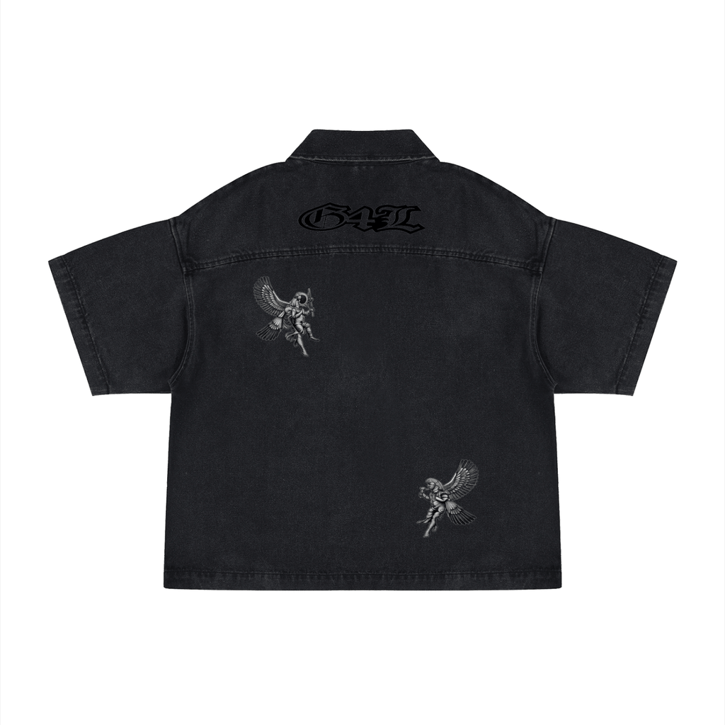 Black t-shirt with graphic design on a white background