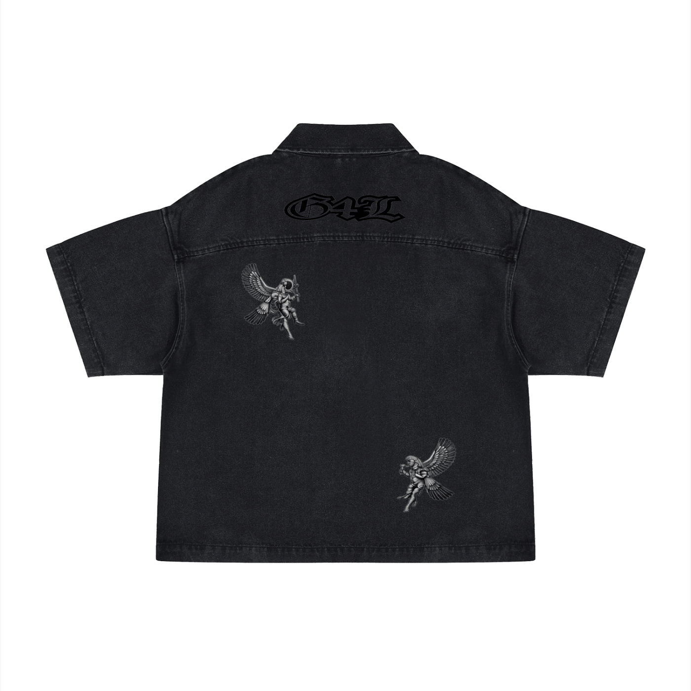 Black t-shirt with graphic design on a white background