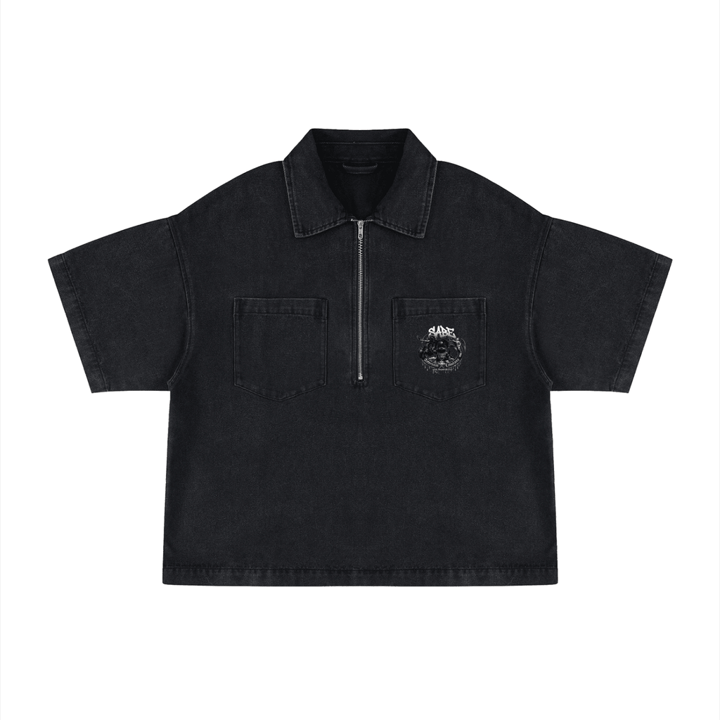 Unisex Vintage Wash Boxy Quarter-Zip Denim Shirt - Forever Grinding Streetwear