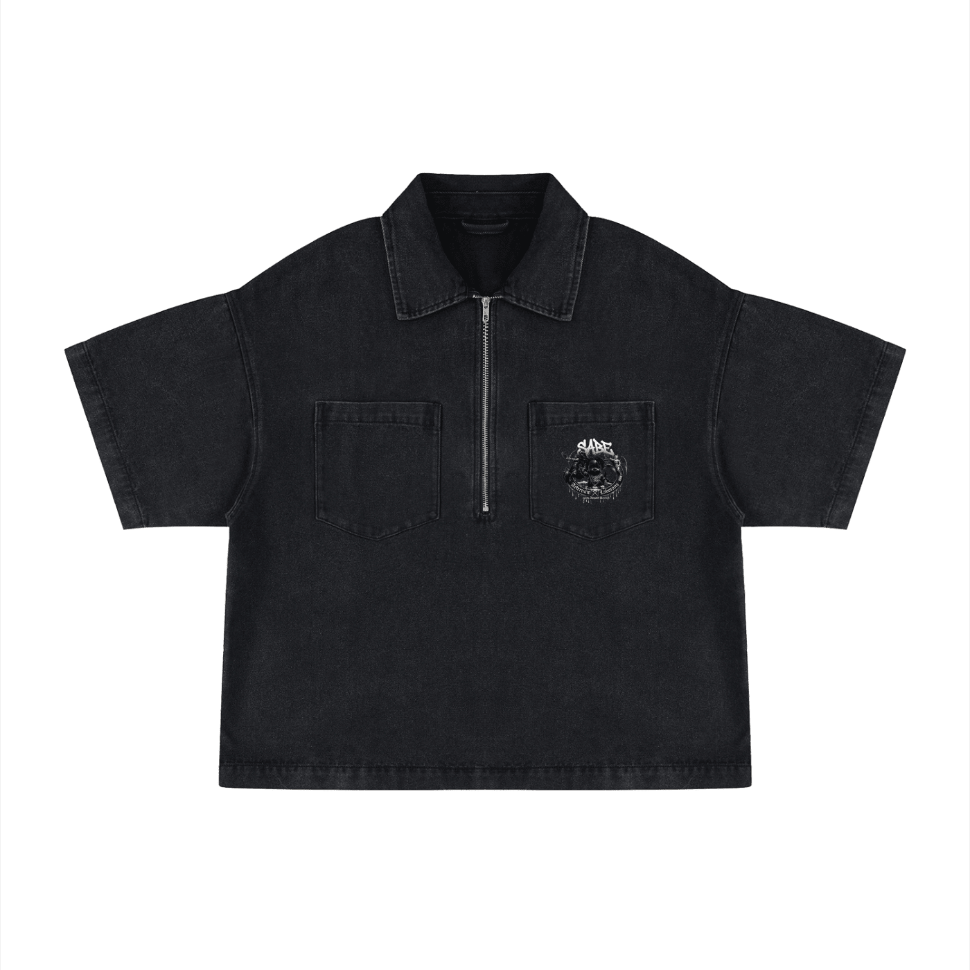 Unisex Vintage Wash Boxy Quarter-Zip Denim Shirt - Forever Grinding Streetwear
