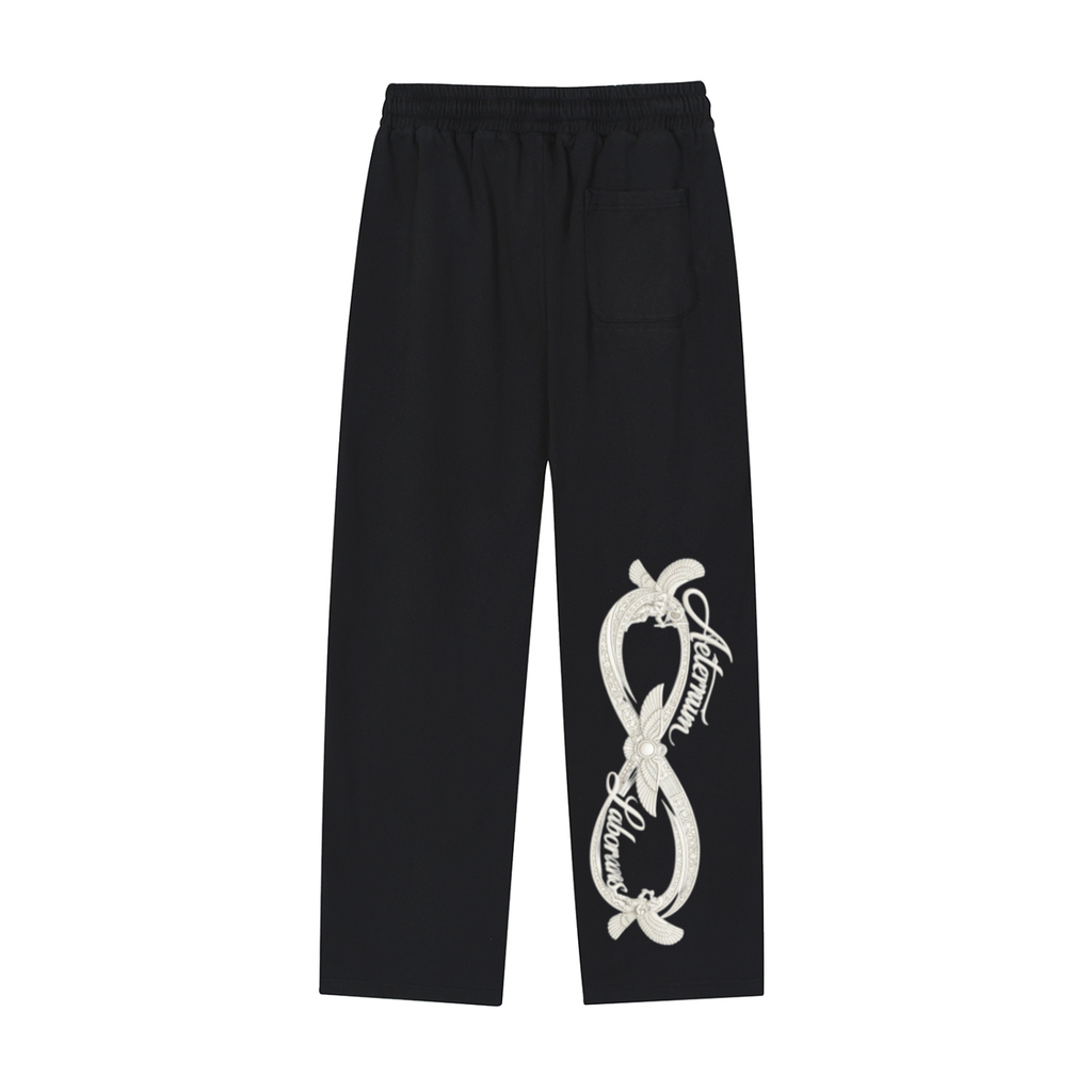 Black pants with a white logo on a white background