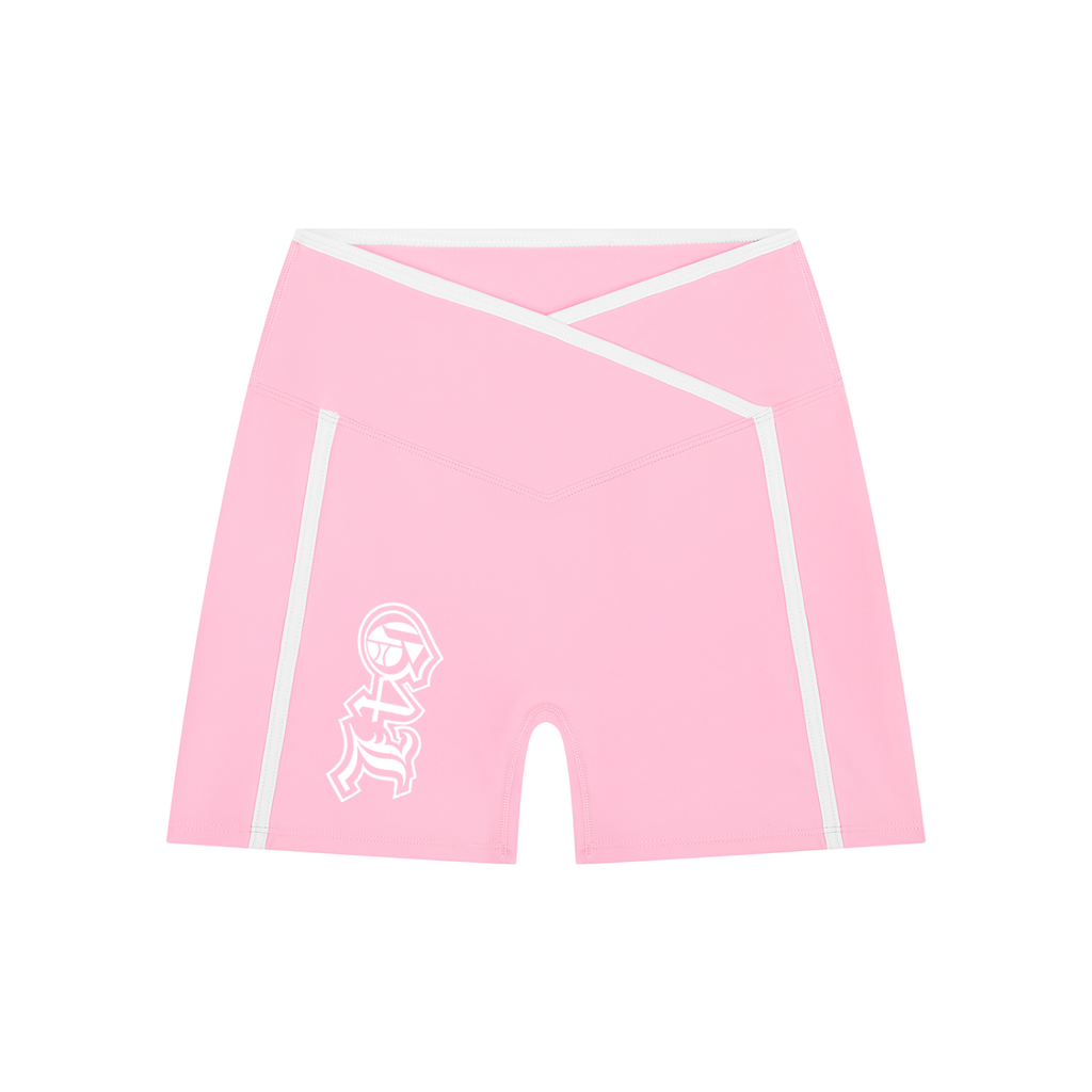 Pink shorts with white accents and a logo on a white background