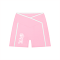 Pink shorts with white accents and a logo on a white background