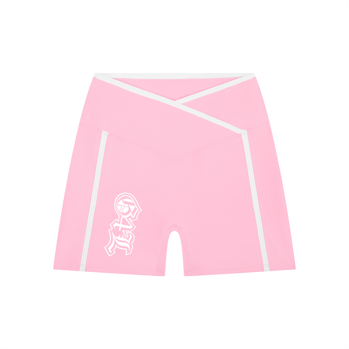 Pink shorts with white accents and a logo on a white background