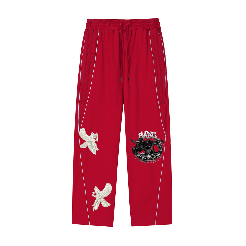 Red pants with white designs on a white background