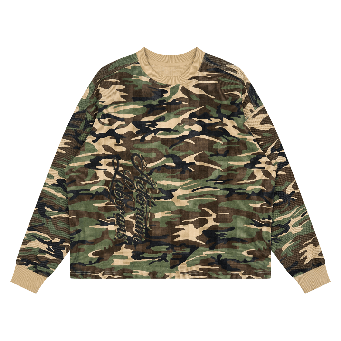 A long-sleeve crewneck sweatshirt featuring a classic green, brown, and beige camouflage pattern, with a black script graphic on the front and solid beige ribbed collar, cuffs, and hem.