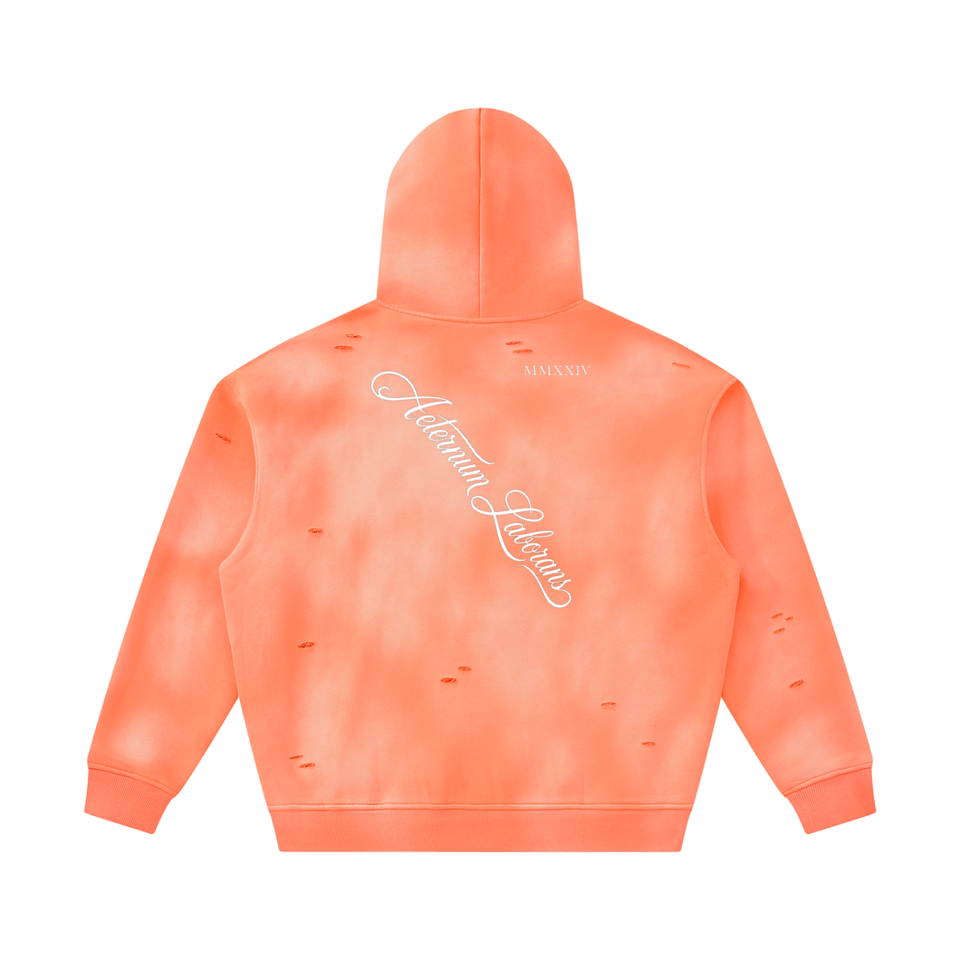 A coral orange hooded sweatshirt shown from the back, featuring a distressed tie-dye pattern, small tear details, and white script text reading 'Allium Garden' with 'MONASTY' printed above it.