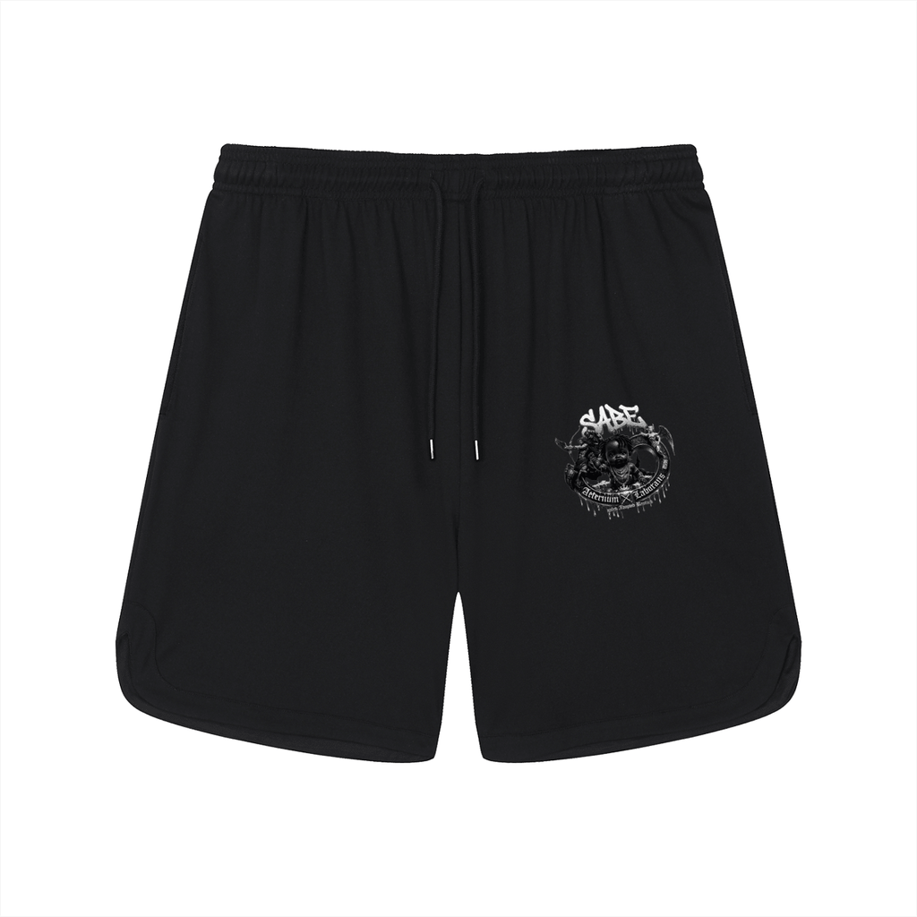 Black shorts with a small logo on a white background