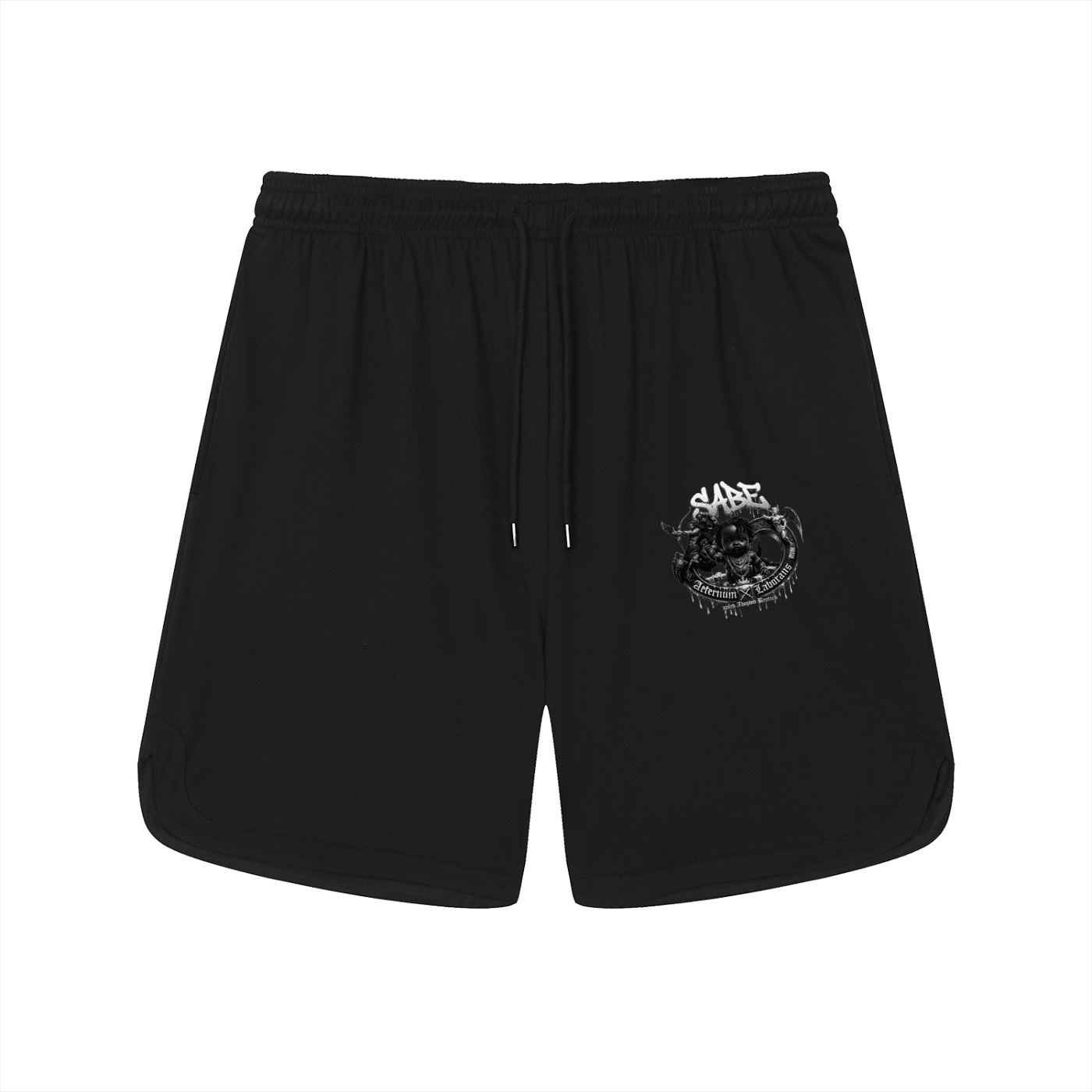 Black shorts with a small logo on a white background