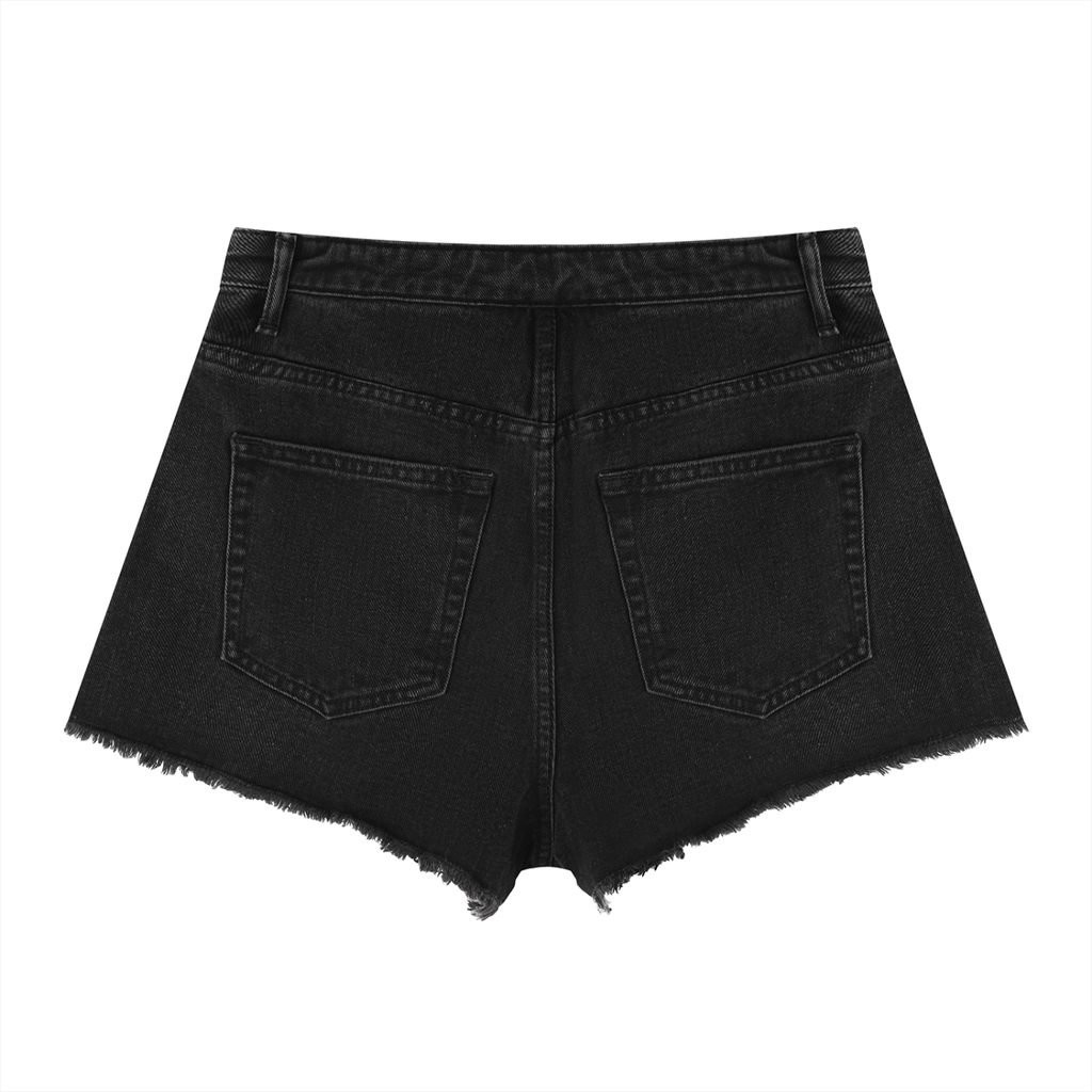 Black denim shorts on a white background