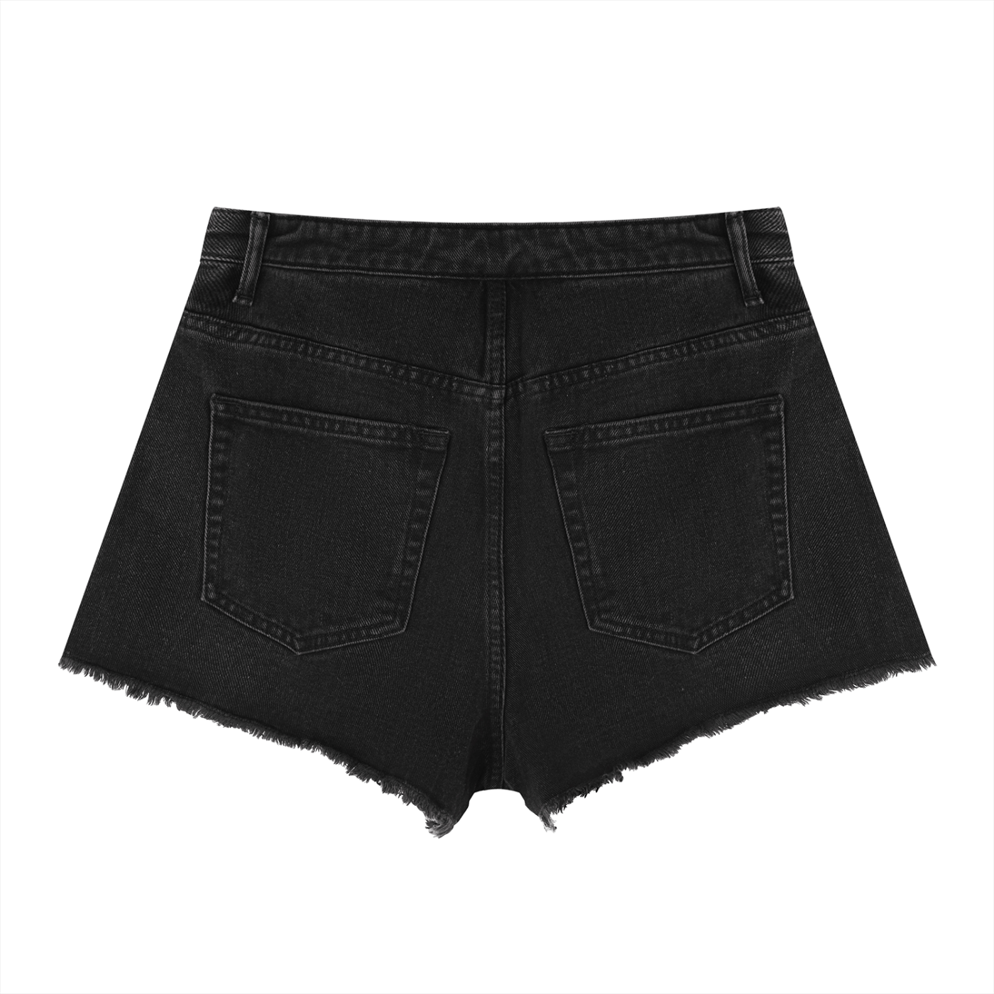 Black denim shorts on a white background