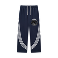 Navy blue track pants with white stripes and a logo on a white background