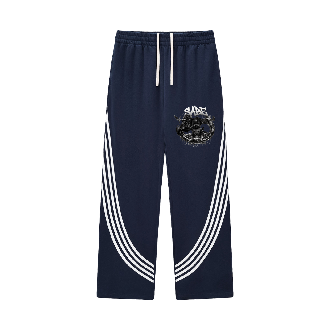 Navy blue track pants with white stripes and a logo on a white background