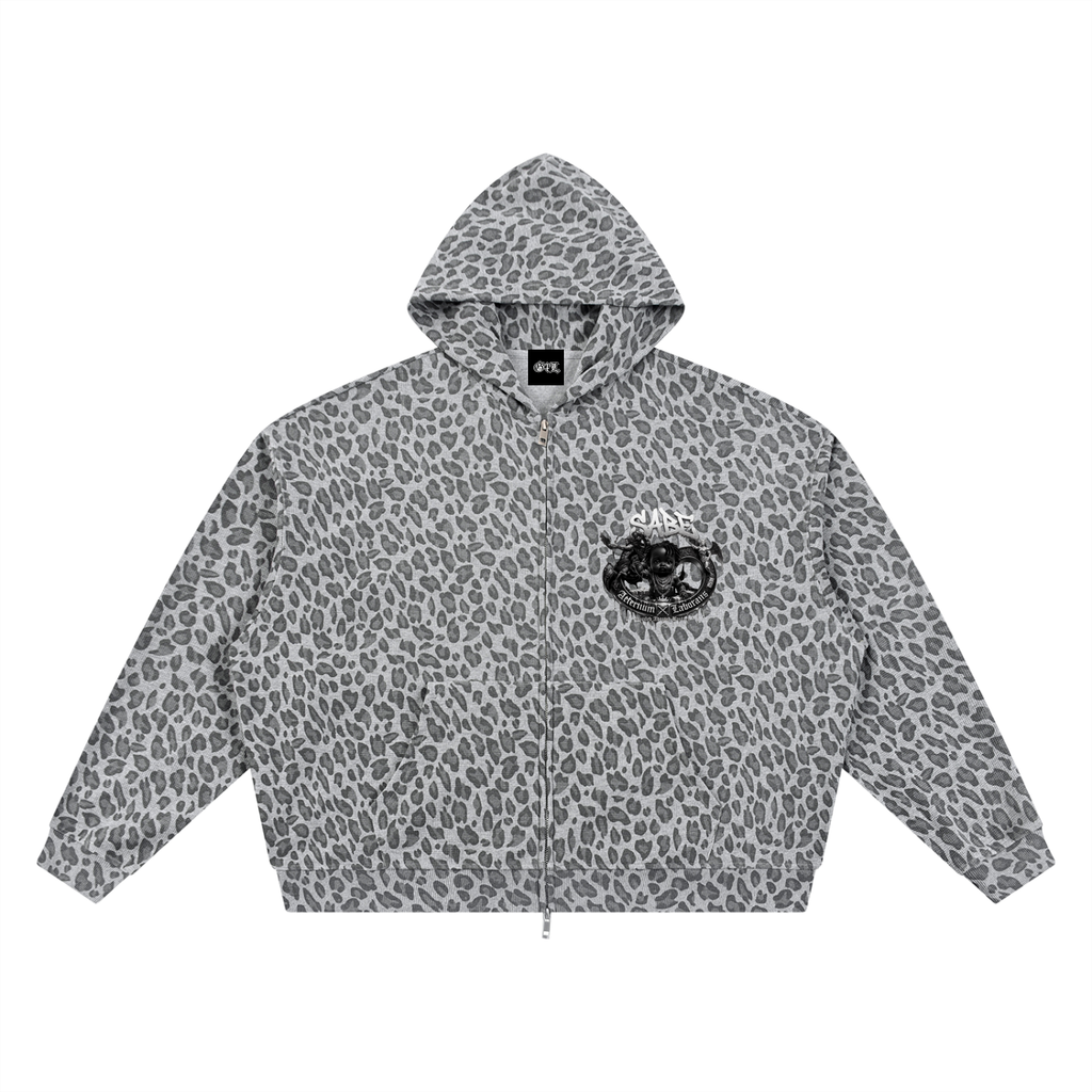 Leopard print jacket with a brand logo on a white background