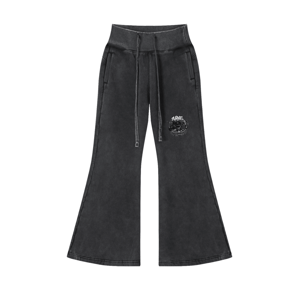 Black wide-leg pants with a brand logo on a white background