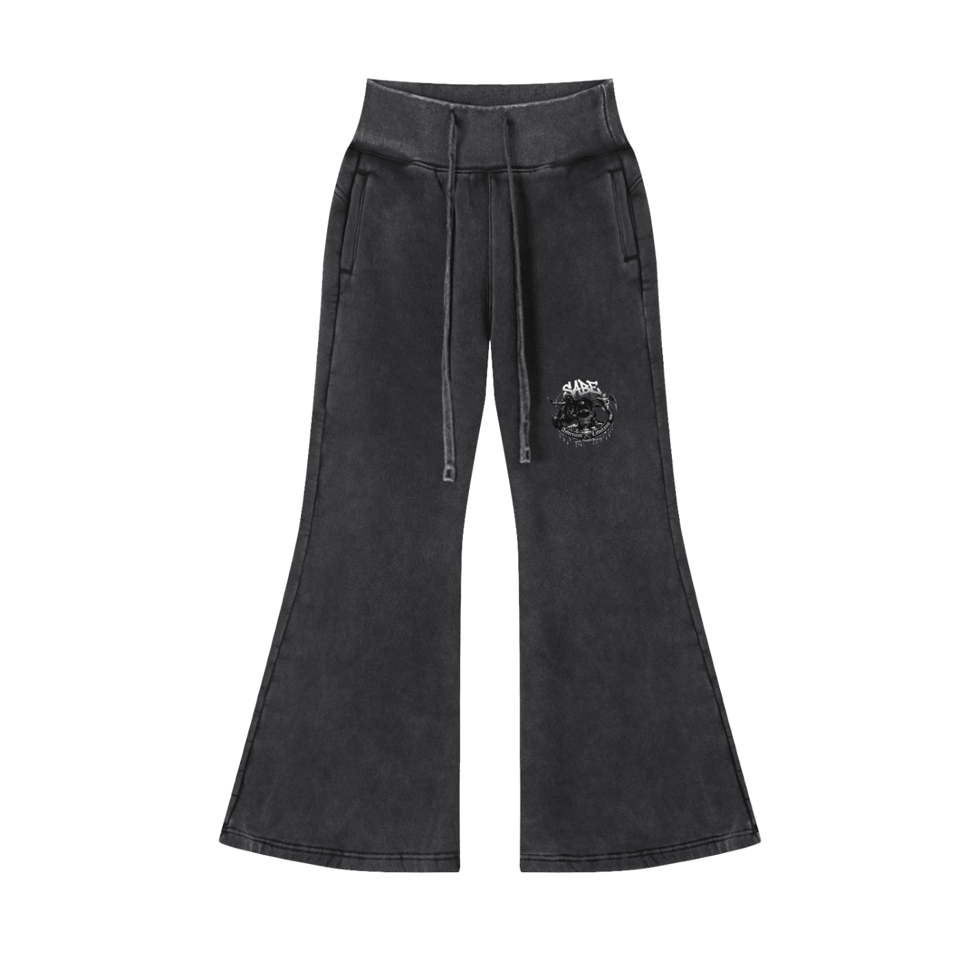 Black wide-leg pants with a brand logo on a white background