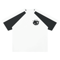 White t-shirt with black sleeves and a logo on a white background