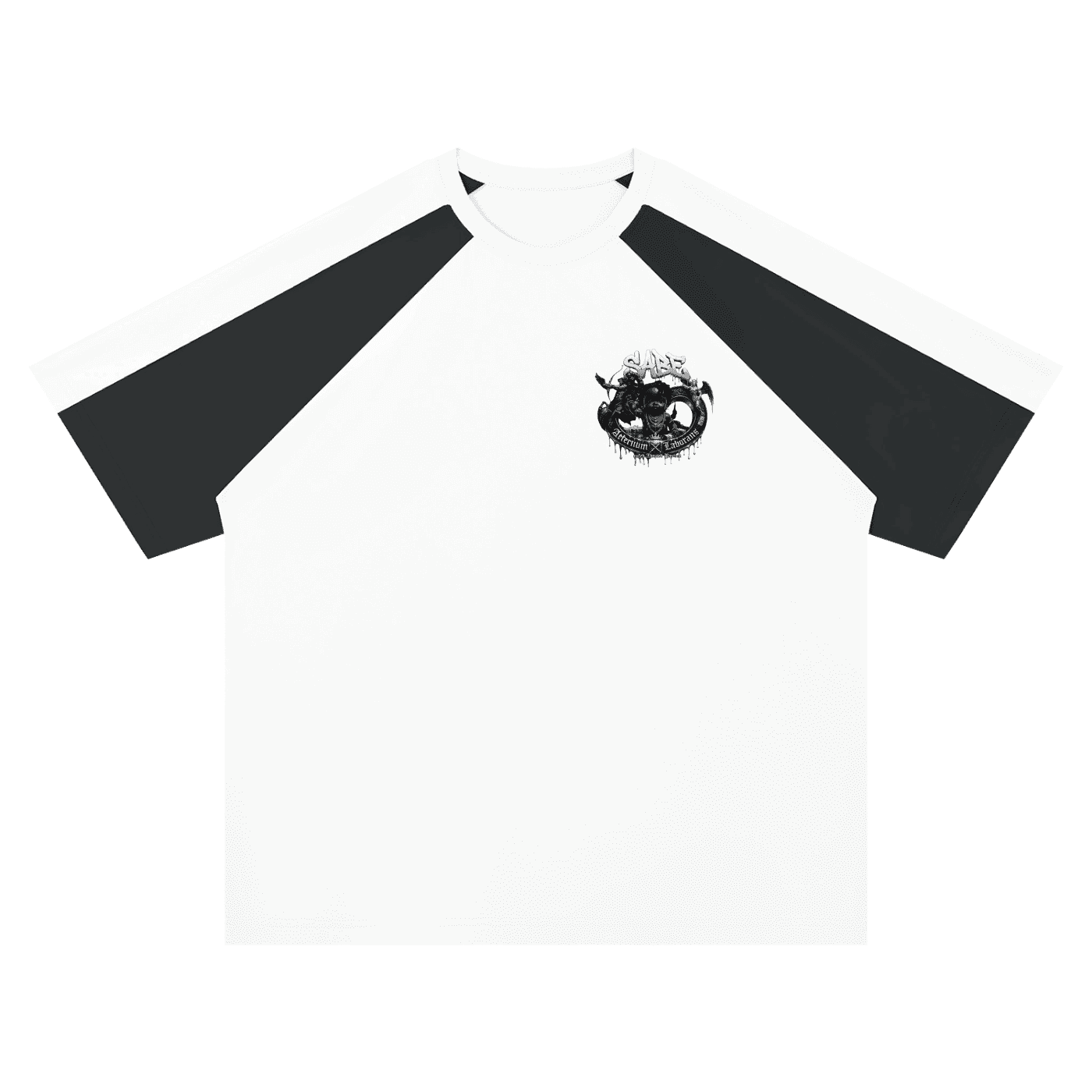 White t-shirt with black sleeves and a logo on a white background