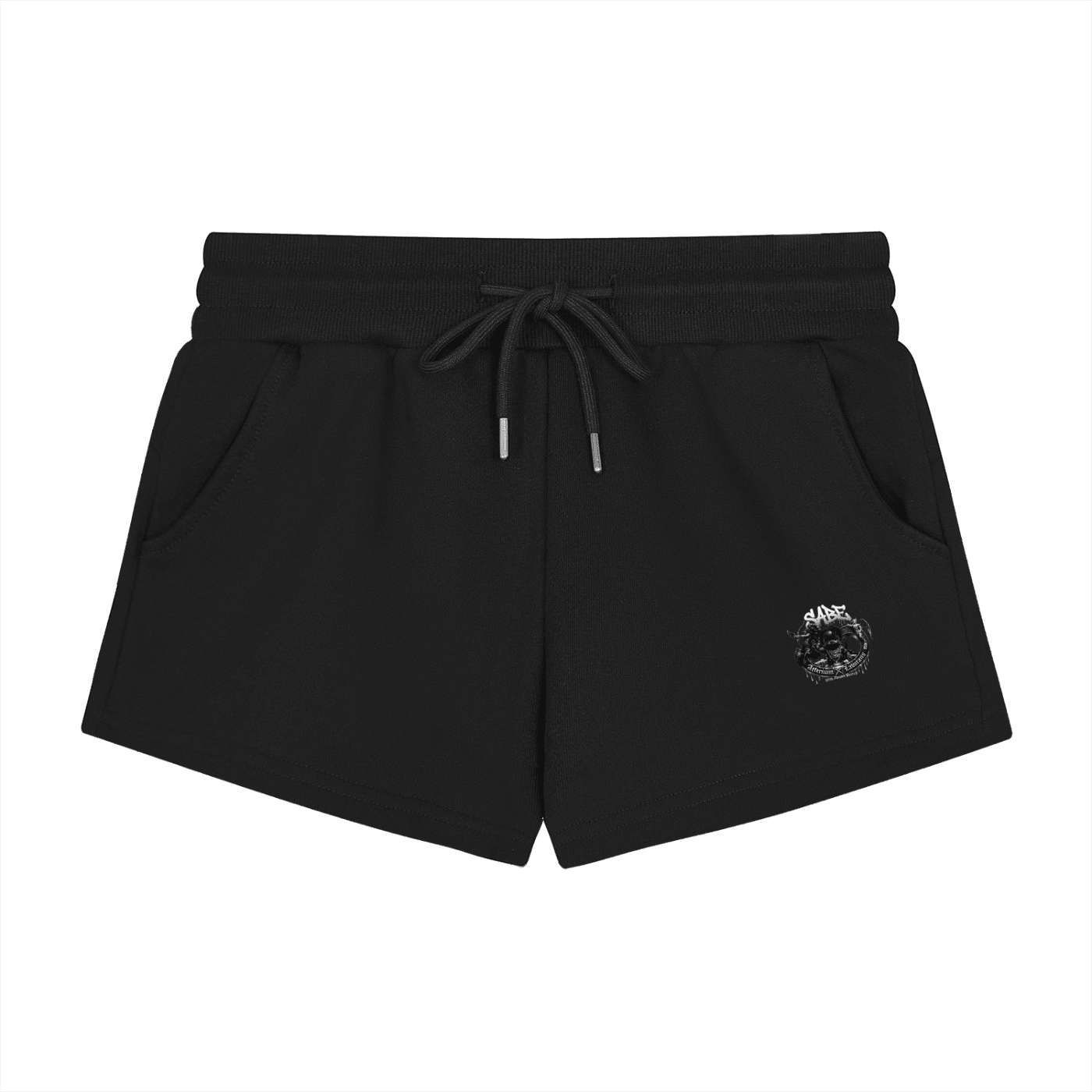 Black shorts with a small logo on a white background