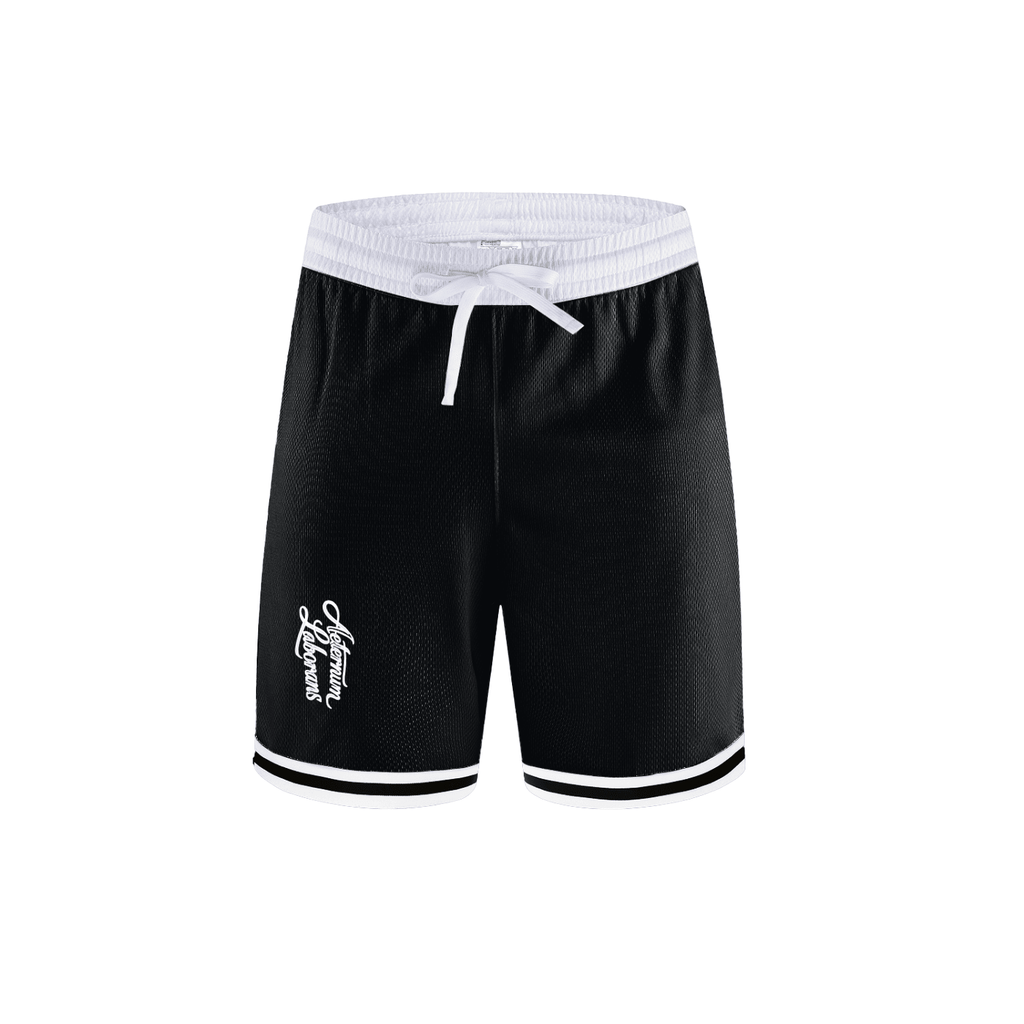 Black athletic shorts with a white elastic waistband, white drawstring, and white trim along the hem, featuring a small white graphic on the left leg.
