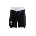 Black athletic shorts with a white elastic waistband, white drawstring, and white trim along the hem, featuring a small white graphic on the left leg.