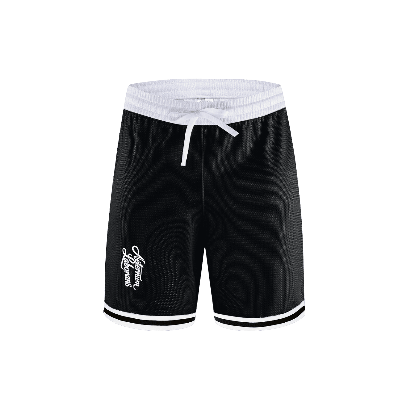 Black athletic shorts with a white elastic waistband, white drawstring, and white trim along the hem, featuring a small white graphic on the left leg.