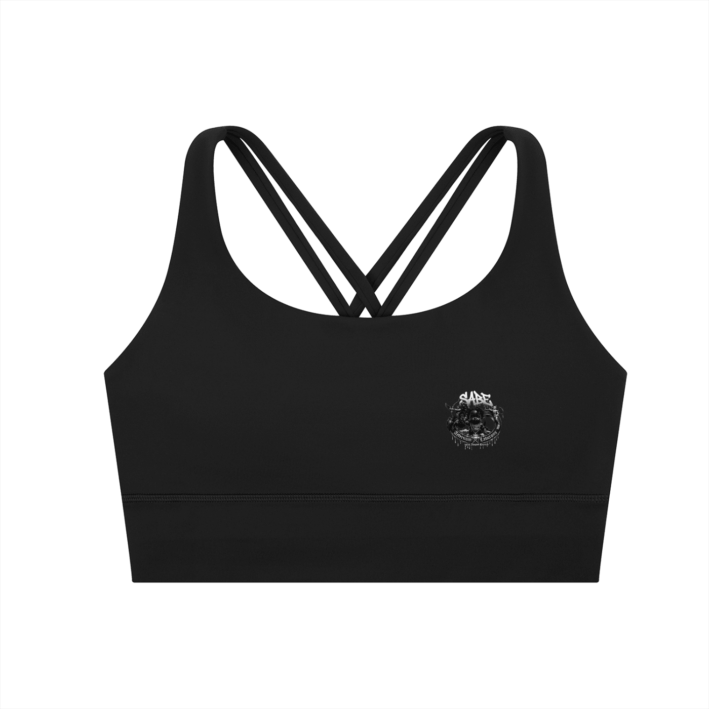 Black sports bra with criss-cross straps on a white background