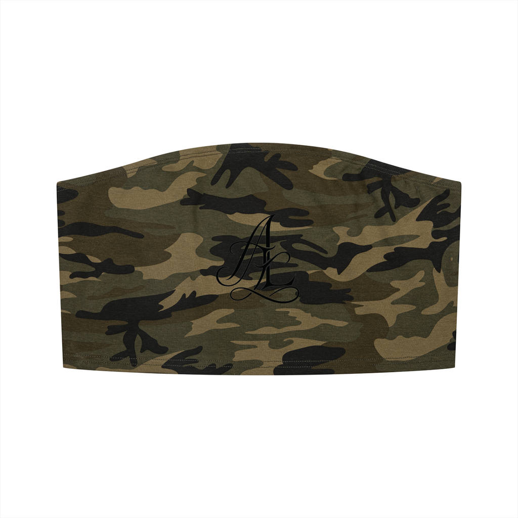 A curved camouflage-patterned headband or hair cover in a classic woodland camo design, shown flat against a solid white background.