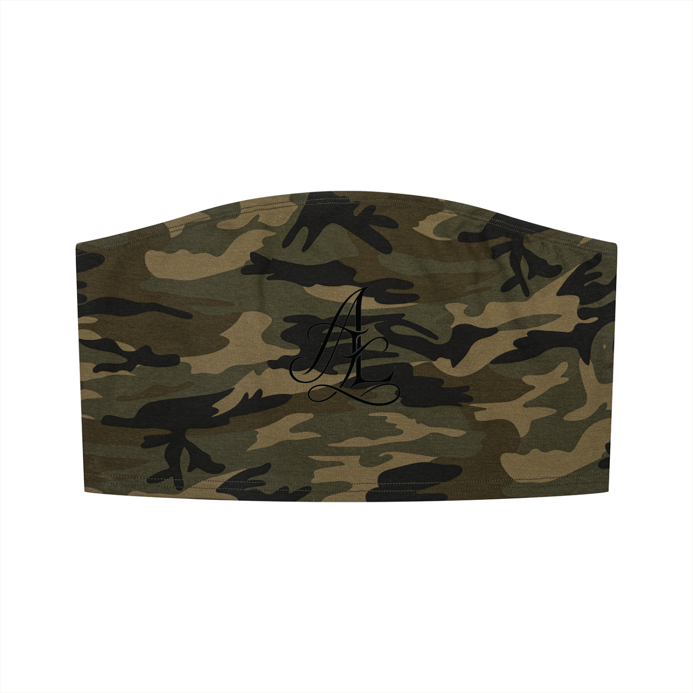 A curved camouflage-patterned headband or hair cover in a classic woodland camo design, shown flat against a solid white background.