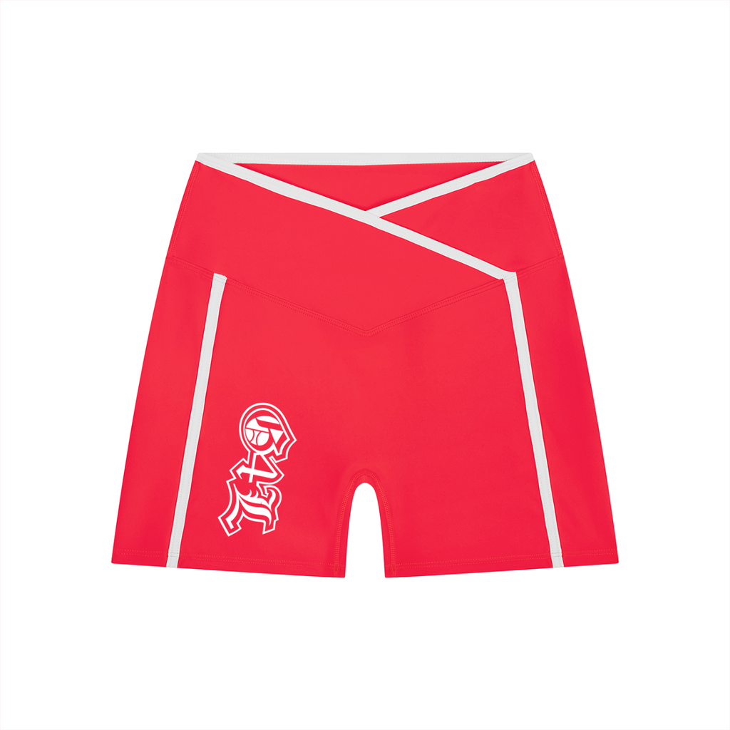 Red athletic shorts with white accents and a logo on a white background