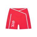 Red athletic shorts with white accents and a logo on a white background