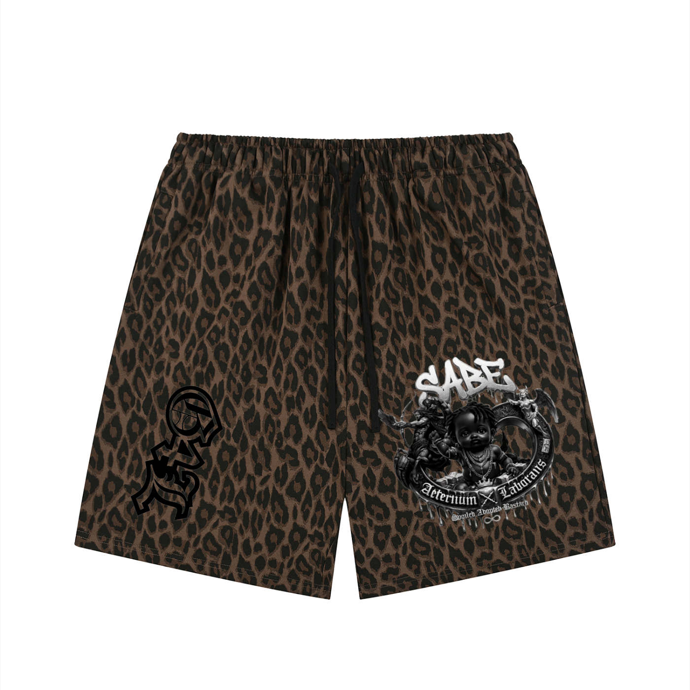 Leopard print shorts with graphic designs on a white background