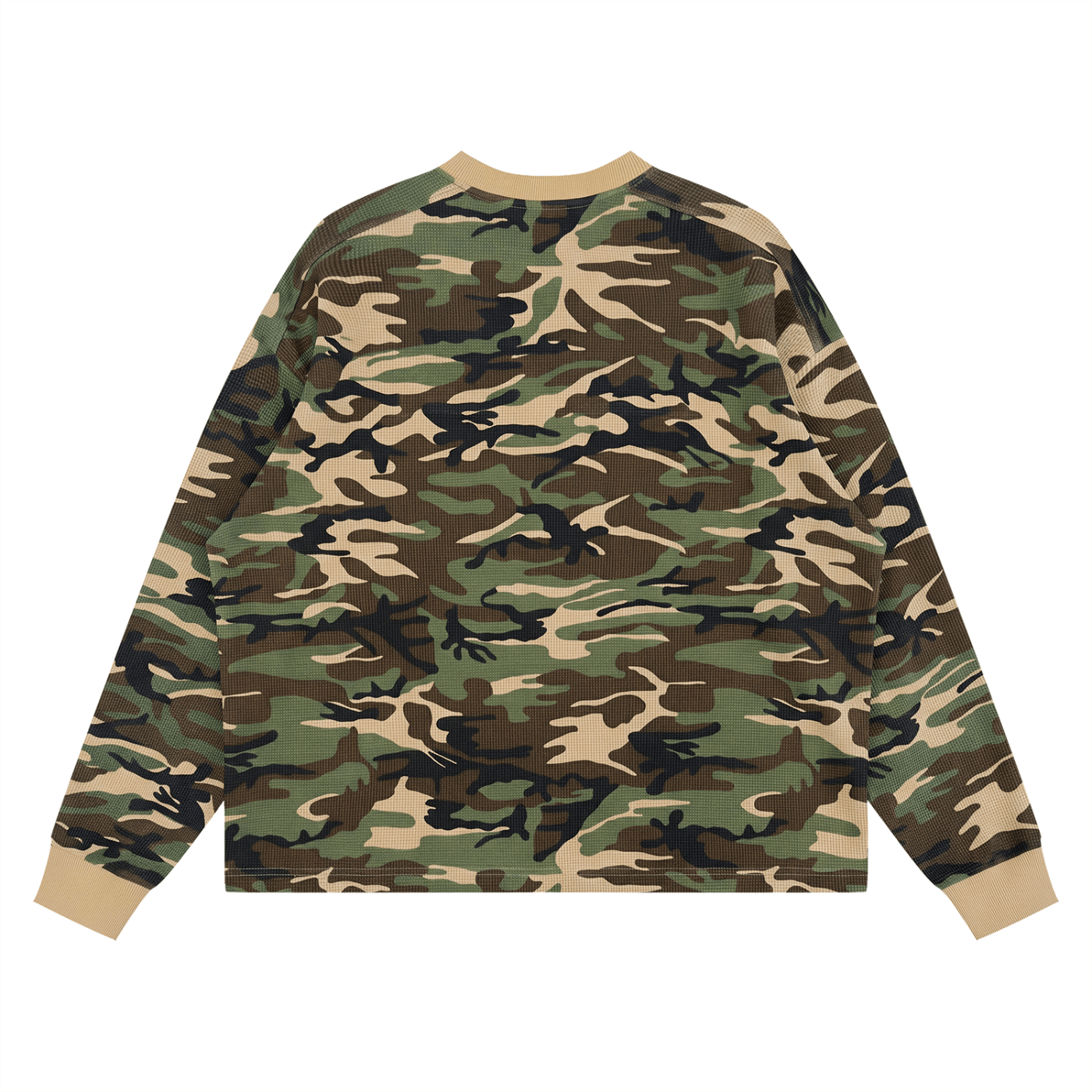 A long-sleeve crewneck sweatshirt featuring a classic woodland camouflage pattern in green, brown, black, and beige, with solid beige ribbed collar, cuffs, and hem, shown flat on a white background.